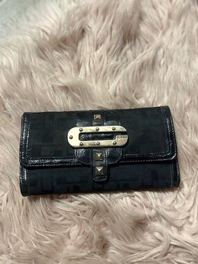 Vintage Y2K Guess Black Monogram Trifold Wallet Silver Hardware